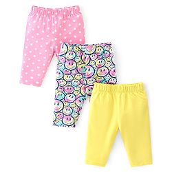 Babyhug Cotton Lycra Knit Three Fourth Length Legging Emoji & Polka Dot Print Pack Of 3 - Mutlicolor