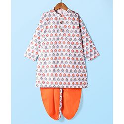 Babyhug Cambric Full Sleeves Hand Block Printed Dhoti Kurta Set - White