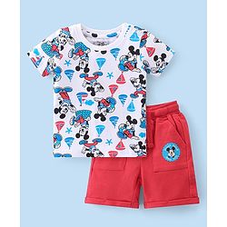 Babyhug Disney 100% Cotton Knit Half Sleeves T-Shirt & Shorts With Mickey Mouse Print - White & Red