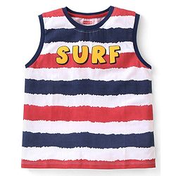 Babyhug Cotton Knit  Sleeveless Striped  T-Shirt  with Text Graphics - Multicolour