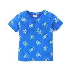 Babyhug Cotton Knit Half Sleeves Henley Neck T-Shirt With Pocket Detailing and Sun Print - Blue