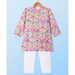 Babyhug Cambric Woven Full Sleeves Floral Printed Kurta With Pyjama Set - Light Pink & White