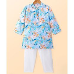 Babyhug Cambric Woven Full Sleeves Splashed Printed Kurta With Pyjama Set - Blue & White