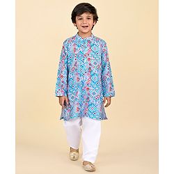 Babyhug Cambric Woven Full Sleeves Shapes Printed Kurta With Pyjama Set - Blue & White