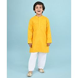 Babyhug Woven Full Sleeves Sequinned Embroidered Kurta With Pyjama Set - Yellow & White