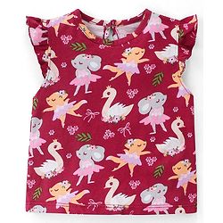 Babyhug Cotton Knit Frill Sleeves Mice Printed Top - Red