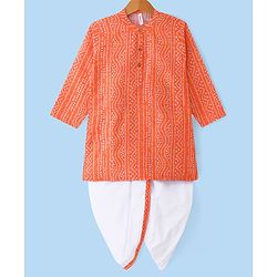 Babyhug Cambric Woven Full Sleeves Bandhani Printed Kurta With Dhoti Set - Orange & White