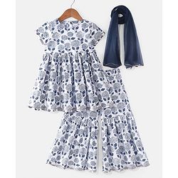 Babyhug Cotton Woven Half Sleeves Kurti Sharara & Dupatta Set Floral Print - White & Navy Blue
