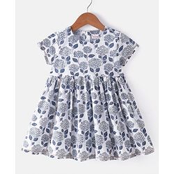 Babyhug Cotton Woven Half Sleeves Kurti Sharara & Dupatta Set Floral Print - White & Navy Blue