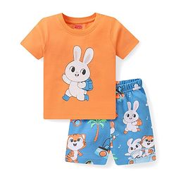 Babyhug Cotton Knit Half Sleeves Bunny Printed Night Suit - Orange & Blue