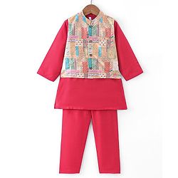 Babyhug Cotton Woven Full Sleeves Kurta & Pajama Set with Printed Jacket - Red