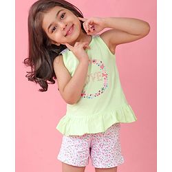 Babyhug Cotton Knit Sleeveless Night Suit Floral Print - Green & Pink