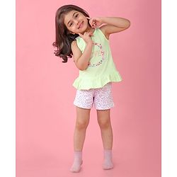 Babyhug Cotton Knit Sleeveless Night Suit Floral Print - Green & Pink