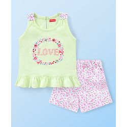 Babyhug Cotton Knit Sleeveless Night Suit Floral Print - Green & Pink