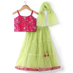 Babyhug  Sleeveless Floral  Embroiderd Choli &  Tiered Lehenga with  Dupatta Set - Green