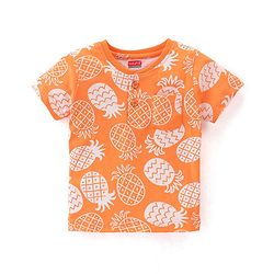 Babyhug 100% Cotton Knit Henley Neck Half Sleeves T-Shirt with Pocket and Pineapple Print - Orange