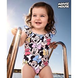 Babyhug Disney Frill Sleeves V Cut Swimsuit Minnie Mouse Print - Multicolour