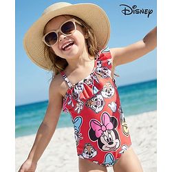 Babyhug Disney Sleeveless V Cut Swimsuit with Frill Detailing Minnie Mouse Print - Red