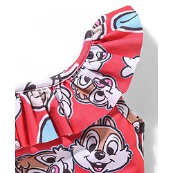 Babyhug Disney Sleeveless V Cut Swimsuit with Frill Detailing Minnie Mouse Print - Red