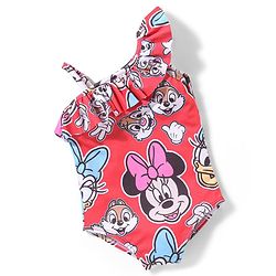 Babyhug Disney Sleeveless V Cut Swimsuit with Frill Detailing Minnie Mouse Print - Red