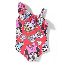 Babyhug Disney Sleeveless V Cut Swimsuit with Frill Detailing Minnie Mouse Print - Red