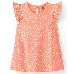 Babyhug Cotton Knit Single Jersey Frill Sleeves Nighty With Polka Dots Print - Peach
