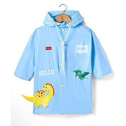 Babyhug Full Sleeve Below Knee Length Hooded Raincoat with Dino Print & Applique - Light Blue