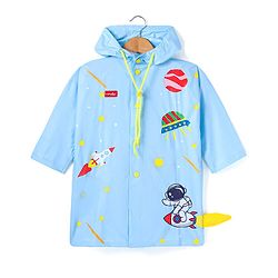 Babyhug Full Sleeves Below Knee Length Raincoat Astro Print & Applique  - Light Blue