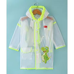 Babyhug Full Sleeves Below Knee Length Dino Box Kids Hooded Raincoat - White & Green