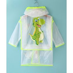 Babyhug Full Sleeves Below Knee Length Dino Box Kids Hooded Raincoat - White & Green