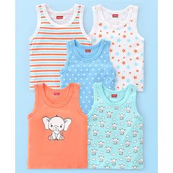 Babyhug 100% Cotton Sleeveless Sandos With Elephant & Star Print Pack Of 5 - Multicolour
