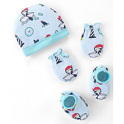 Babyhug 100% Cotton Knit Cap Mittens And Booties Beach Theme - Blue