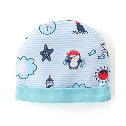 Babyhug 100% Cotton Knit Cap Mittens And Booties Beach Theme - Blue
