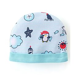 Babyhug 100% Cotton Knit Cap Mittens And Booties Beach Theme - Blue