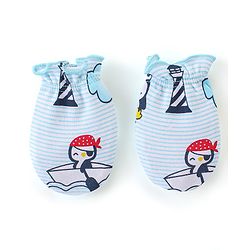 Babyhug 100% Cotton Knit Cap Mittens And Booties Beach Theme - Blue