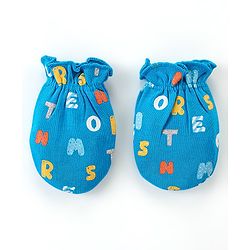 Babyhug 100% Cotton Knit Cap Mittens And Booties Alphabet Print - Blue