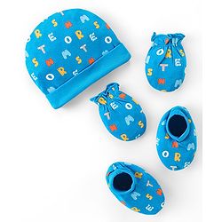Babyhug 100% Cotton Knit Cap Mittens And Booties Alphabet Print - Blue