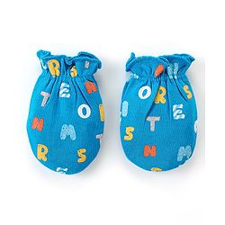Babyhug 100% Cotton Knit Cap Mittens And Booties Alphabet Print - Blue