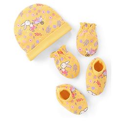 Babyhug 100% Cotton Knit Cap Mittens And Booties Floral Print - Yellow