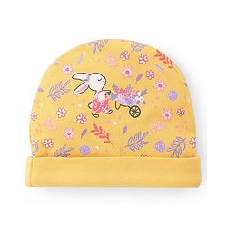 Babyhug 100% Cotton Knit Cap Mittens And Booties Floral Print - Yellow