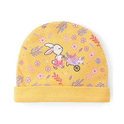 Babyhug 100% Cotton Knit Cap Mittens And Booties Floral Print - Yellow