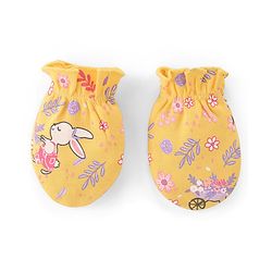 Babyhug 100% Cotton Knit Cap Mittens And Booties Floral Print - Yellow