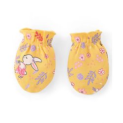 Babyhug 100% Cotton Knit Cap Mittens And Booties Floral Print - Yellow