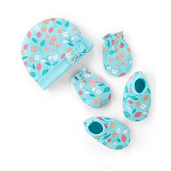 Babyhug 100% Cotton Knit Cap Mittens And Booties Floral Print - Blue