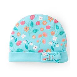 Babyhug 100% Cotton Knit Cap Mittens And Booties Floral Print - Blue