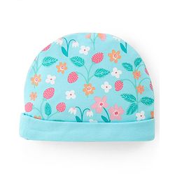Babyhug 100% Cotton Knit Cap Mittens And Booties Floral Print - Blue