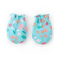 Babyhug 100% Cotton Knit Cap Mittens And Booties Floral Print - Blue