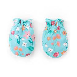 Babyhug 100% Cotton Knit Cap Mittens And Booties Floral Print - Blue