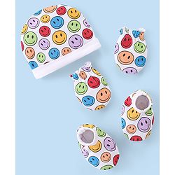 Babyhug 100% Cotton Knit Cap Mittens And Booties Smiley Print - Multicolor