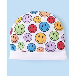 Babyhug 100% Cotton Knit Cap Mittens And Booties Smiley Print - Multicolor